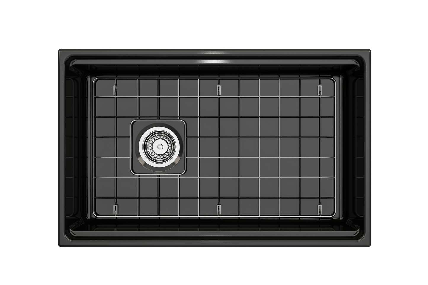 Top-down perspective of a black BOCCHI Contempo 30" fireclay sink with workstation ledge and stainless steel bottom grid.