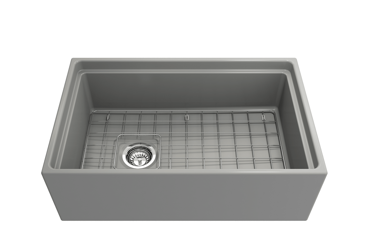 Front view of a matte gray BOCCHI Contempo 30" fireclay farmhouse sink showing chrome strainer and stainless steel bottom grid.