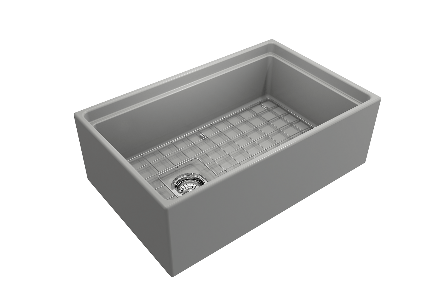 Side angle of a matte gray BOCCHI Contempo 30" fireclay farmhouse sink highlighting offset drain, chrome strainer and stainless steel bottom grid.