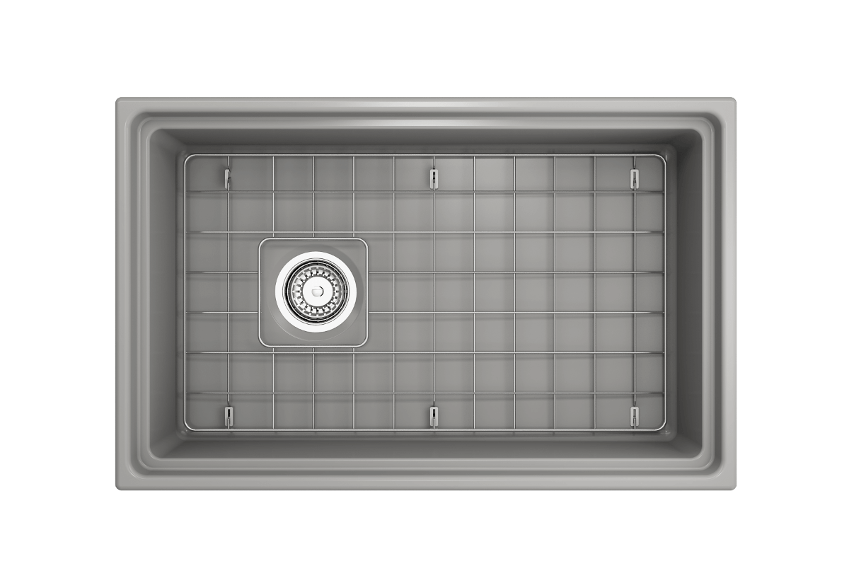 Top-down perspective of a matte gray BOCCHI Contempo 30" fireclay sink with workstation ledge and stainless steel bottom grid.