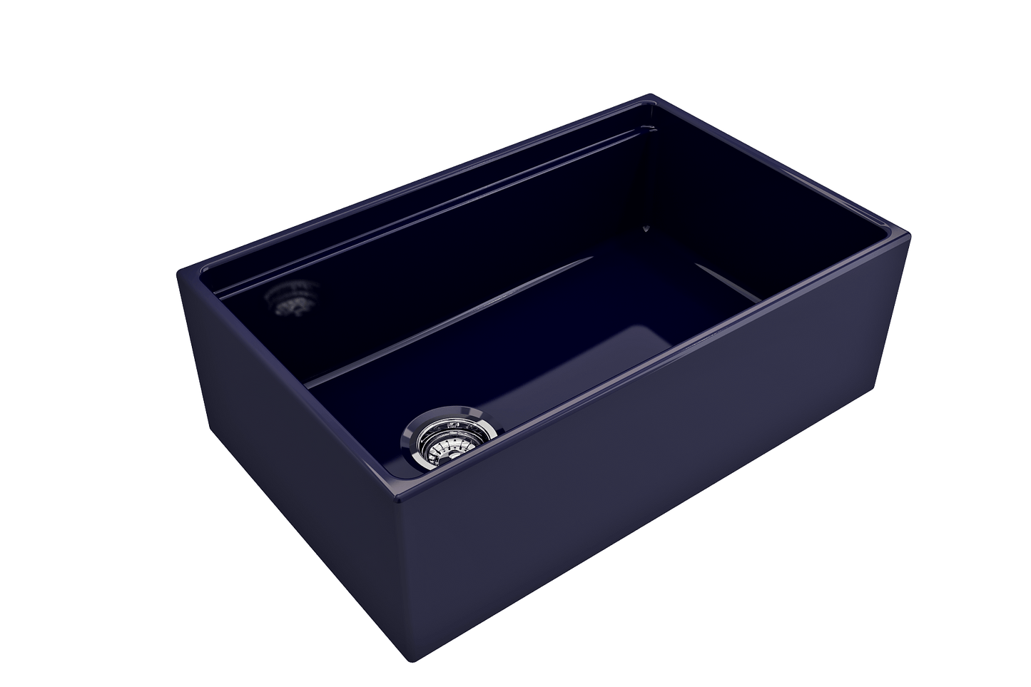 Side angle of a sapphire blue BOCCHI Contempo 30" fireclay farmhouse sink highlighting offset drain and chrome strainer.