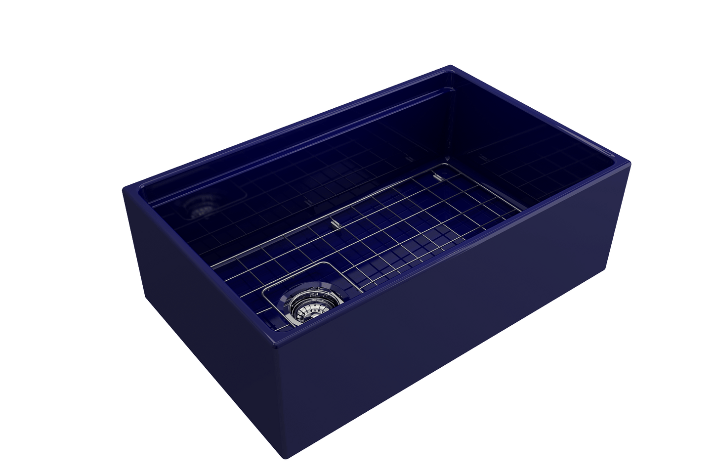 Side angle of a sapphire blue BOCCHI Contempo 30" fireclay farmhouse sink highlighting offset drain, chrome strainer and stainless steel bottom grid.