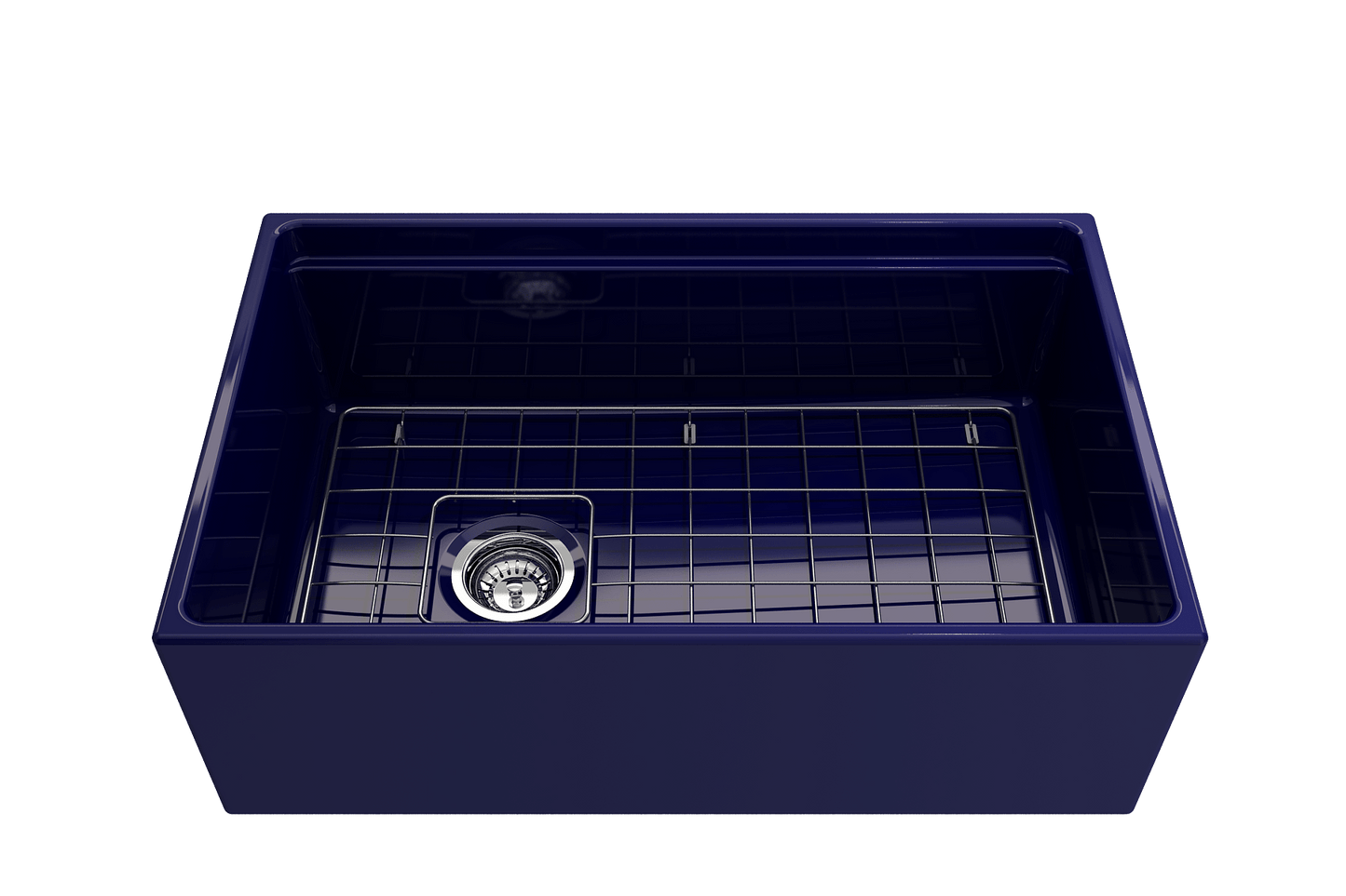 Front view of a sapphire blue BOCCHI Contempo 30" fireclay farmhouse sink showing chrome strainer and stainless steel bottom grid.