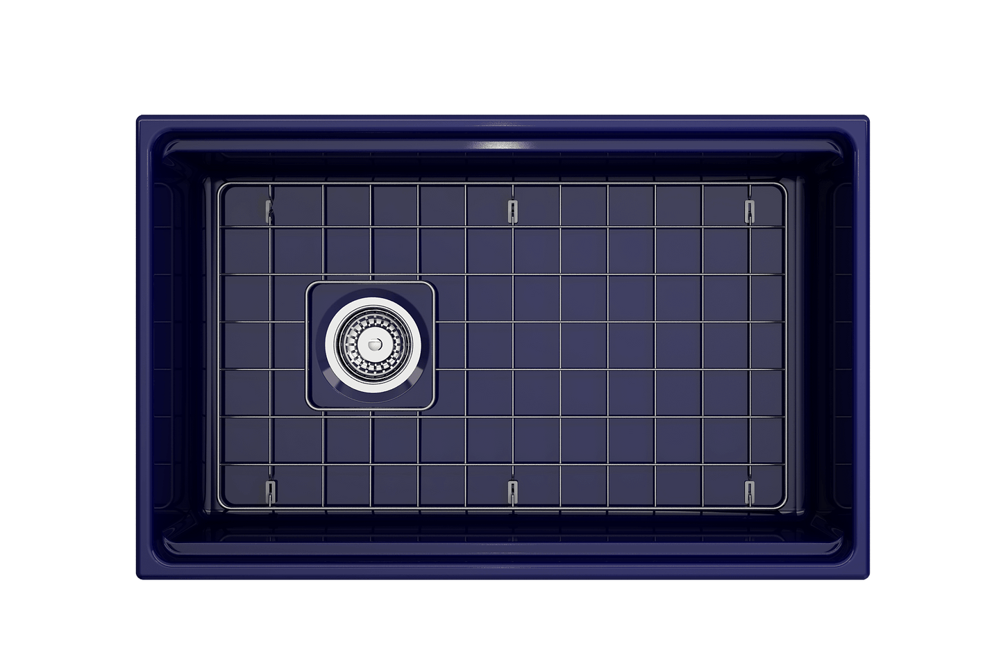 Top-down perspective of a sapphire blue BOCCHI Contempo 30" fireclay sink with workstation ledge and stainless steel bottom grid.