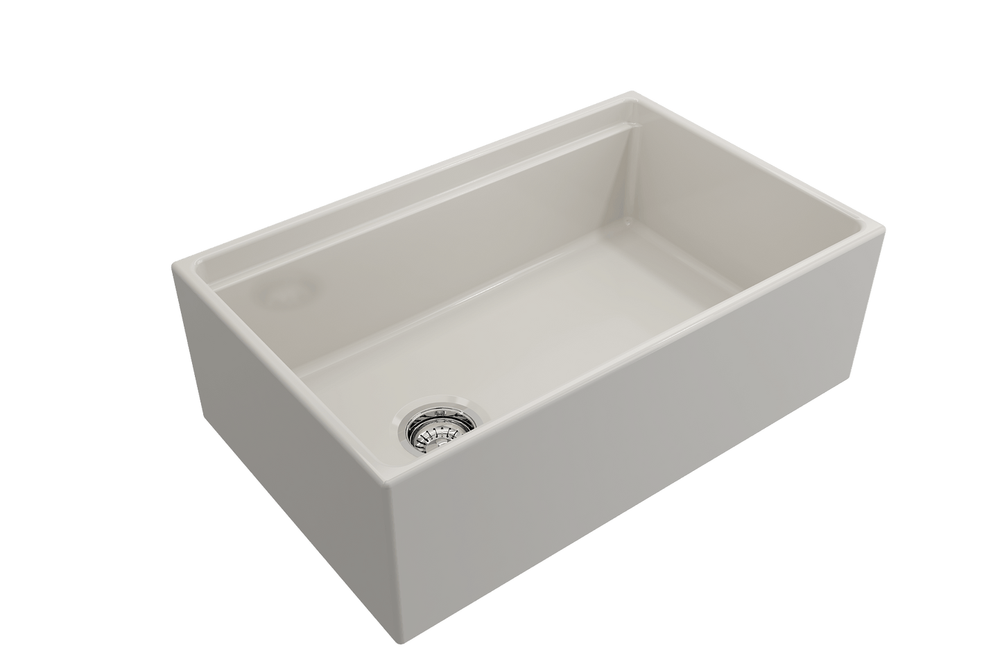 Side angle of a biscuit BOCCHI Contempo 30" fireclay farmhouse sink highlighting offset drain and chrome strainer.