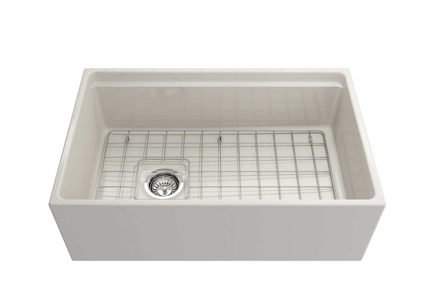 Front view of a biscuit BOCCHI Contempo 30" fireclay farmhouse sink showing chrome strainer and stainless steel bottom grid.
