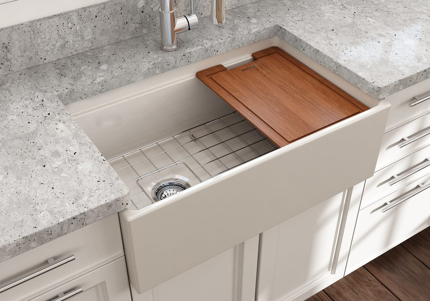 Lifestyle image of a biscuit BOCCHI Contempo 30" sink in a modern kitchen with cutting board in use