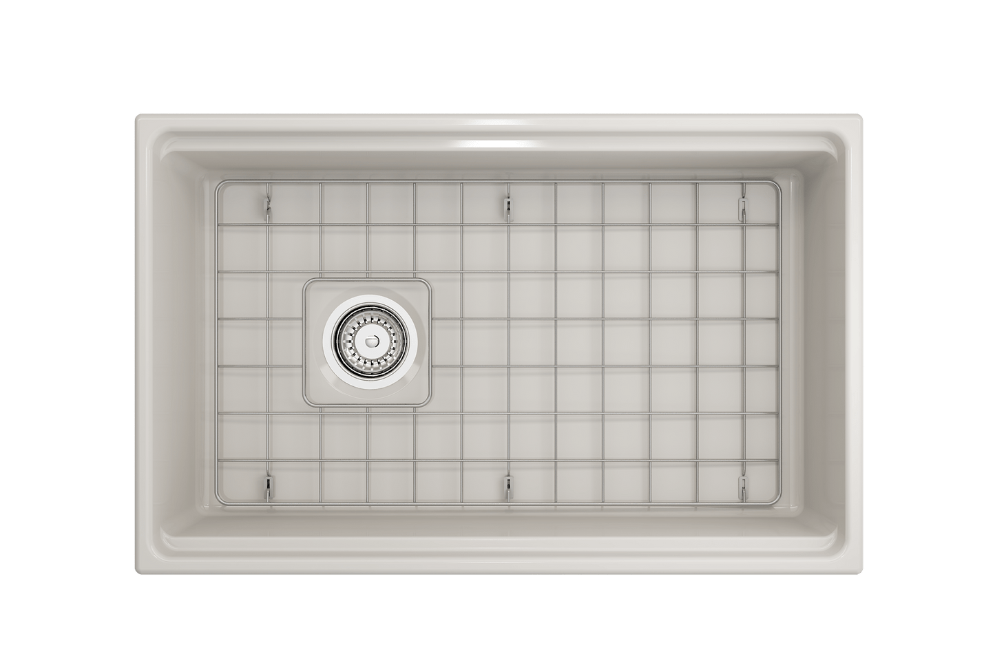 Top-down perspective of a biscuit BOCCHI Contempo 30" fireclay sink with workstation ledge and stainless steel bottom grid.