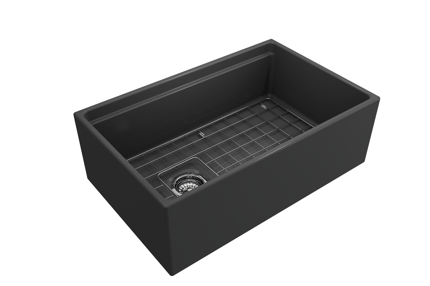 Side angle of a matte dark gray BOCCHI Contempo 30" fireclay farmhouse sink highlighting offset drain, chrome strainer and stainless steel bottom grid.