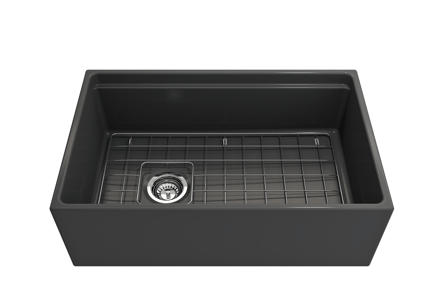 Front view of a matte dark gray BOCCHI Contempo 30" fireclay farmhouse sink showing chrome strainer and stainless steel bottom grid.