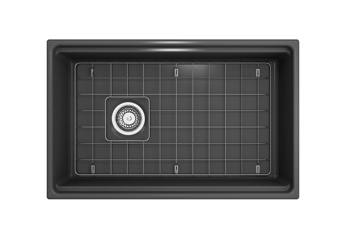 Top-down perspective of a matte dark gray BOCCHI Contempo 30" fireclay sink with workstation ledge and stainless steel bottom grid.