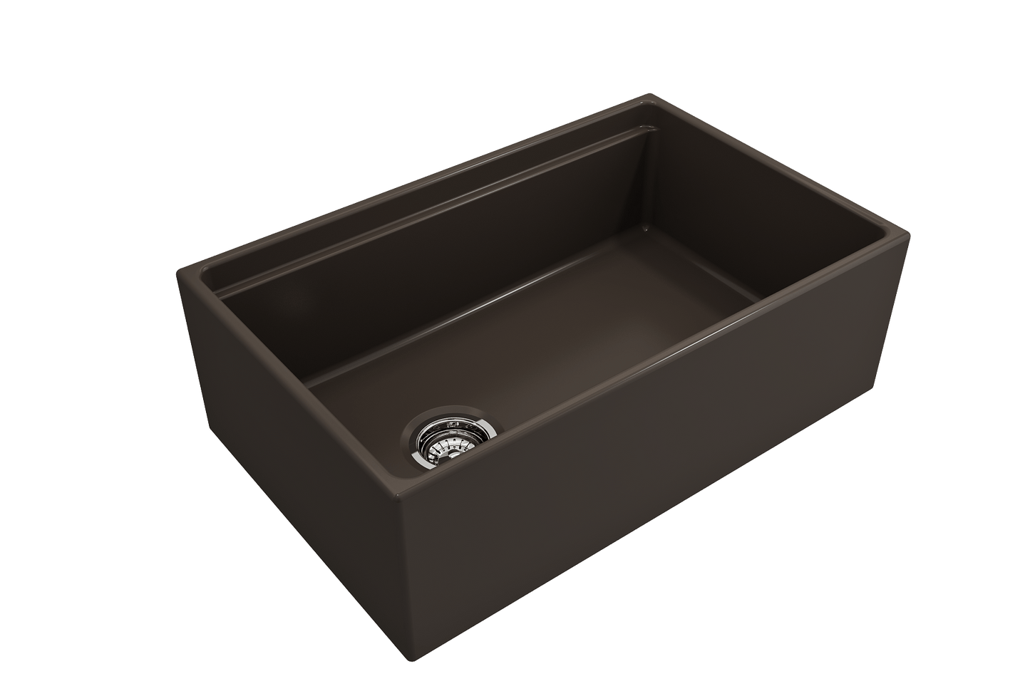 Side angle of a matte brown BOCCHI Contempo 30" fireclay farmhouse sink highlighting offset drain and chrome strainer.