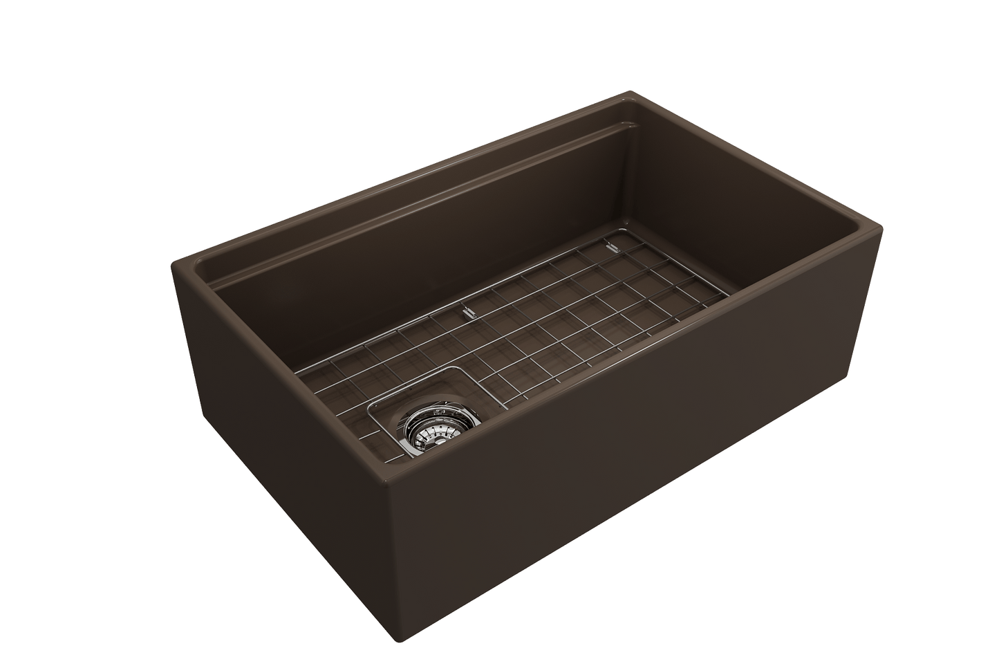 Side angle of a matte brown BOCCHI Contempo 30" fireclay farmhouse sink highlighting offset drain, chrome strainer and stainless steel bottom grid.