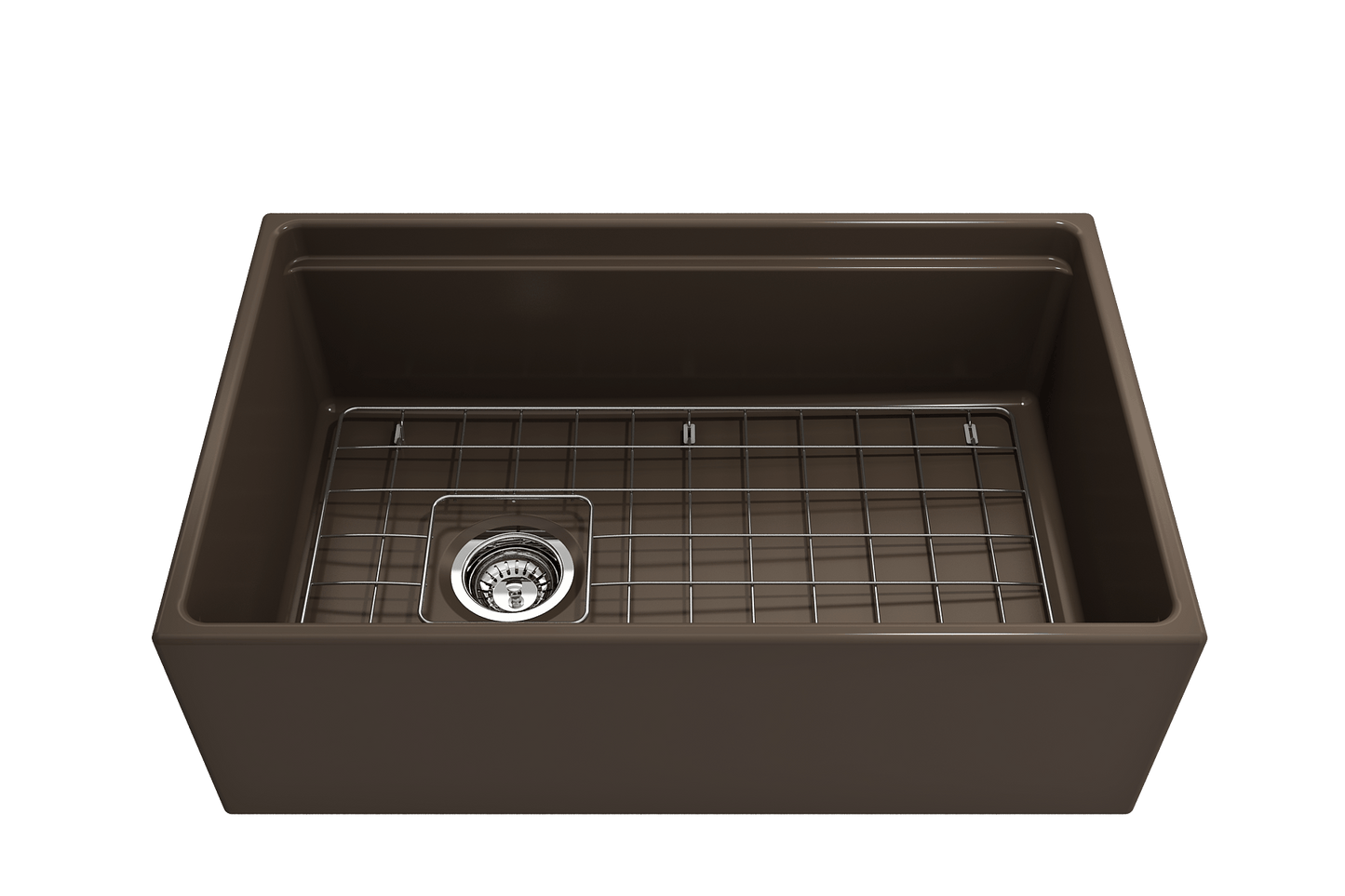 Front view of a matte brown BOCCHI Contempo 30" fireclay farmhouse sink showing chrome strainer and stainless steel bottom grid.