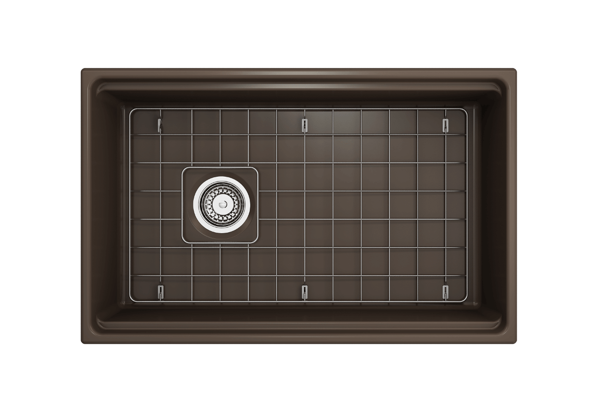 Top-down perspective of a matte brown BOCCHI Contempo 30" fireclay sink with workstation ledge and stainless steel bottom grid.