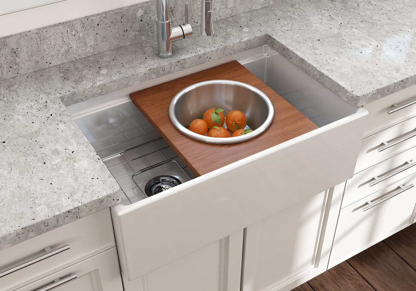 BOCCHI Prep Board Set for Workstation Sinks - Round SS Mixing Bowl & Colander - 2320 0015 in kitchen sink with oranges.