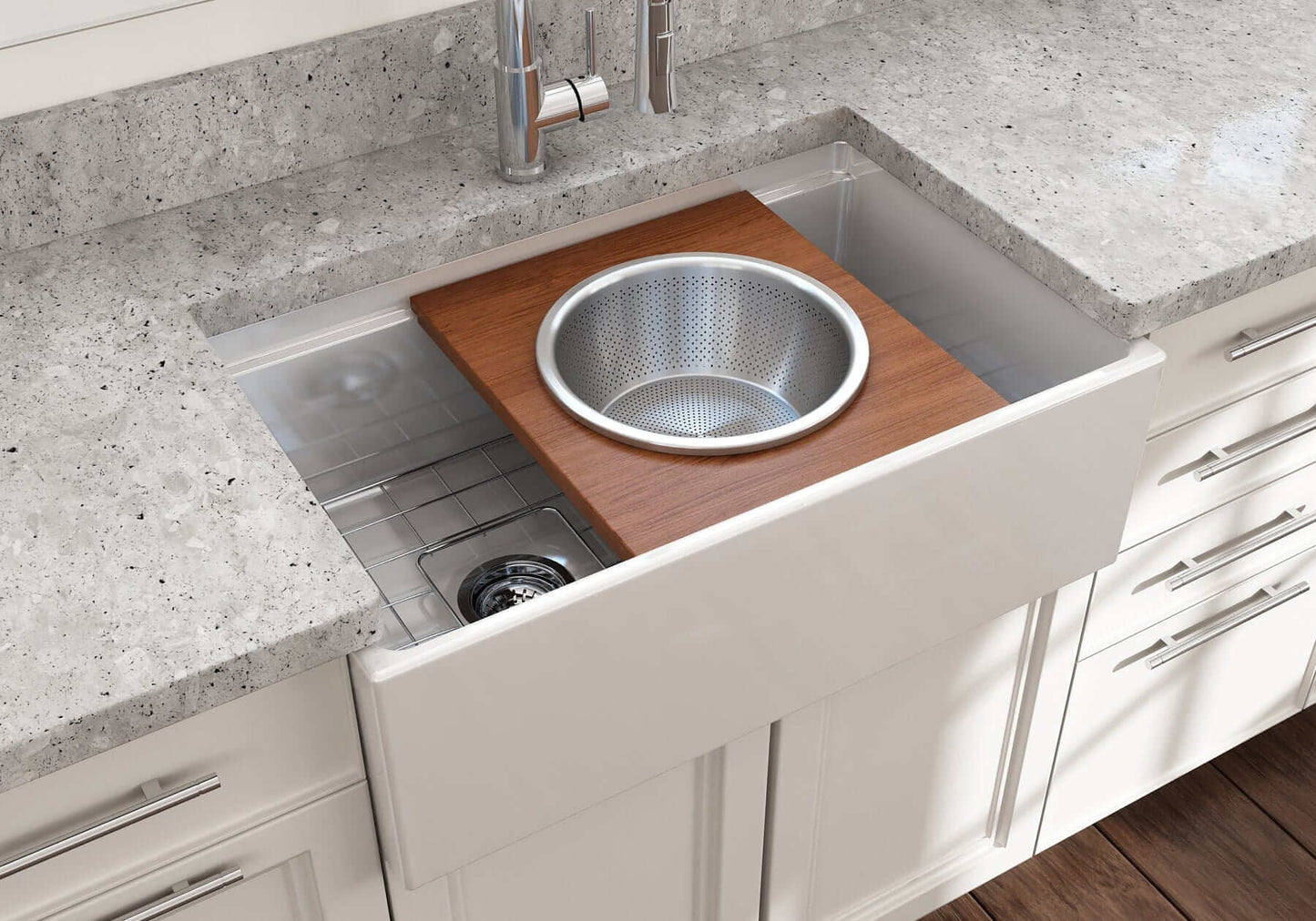 BOCCHI Prep Board Set for Workstation Sinks - Round SS Mixing Bowl & Colander - 2320 0015 in a kitchen sink.