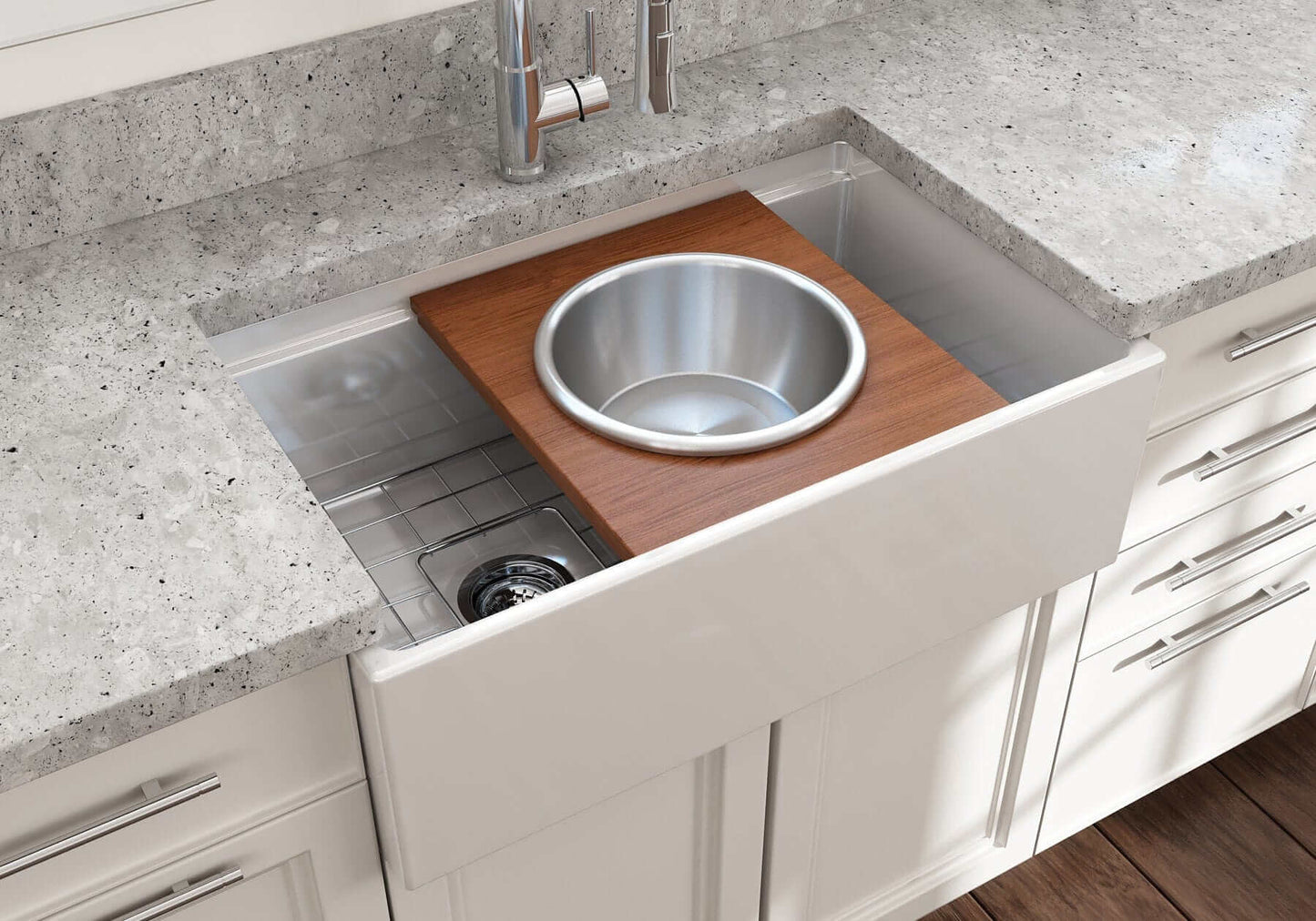 BOCCHI Prep Board Set for Workstation Sinks - Round SS Mixing Bowl & Colander - 2320 0015 in use with sink.
