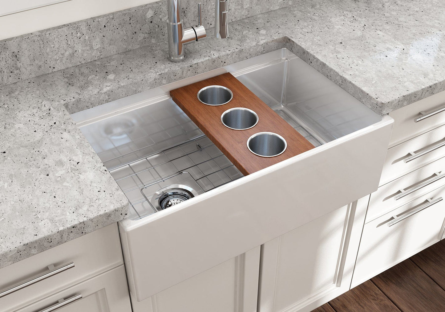 BOCCHI Prep Board Set for Workstation Sinks with 3 Round Stainless Steel Bowls 2320 0011 in a modern kitchen sink.