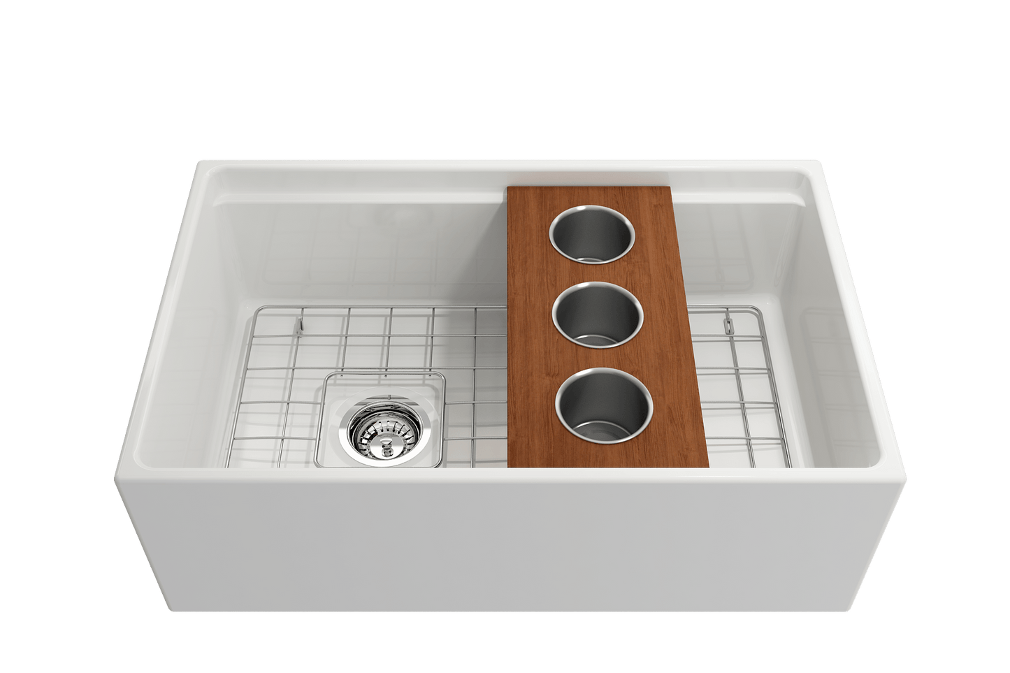 BOCCHI Prep Board Set for Workstation Sinks with 3 Round Stainless Steel Bowls 2320 0011 displayed on a white sink.