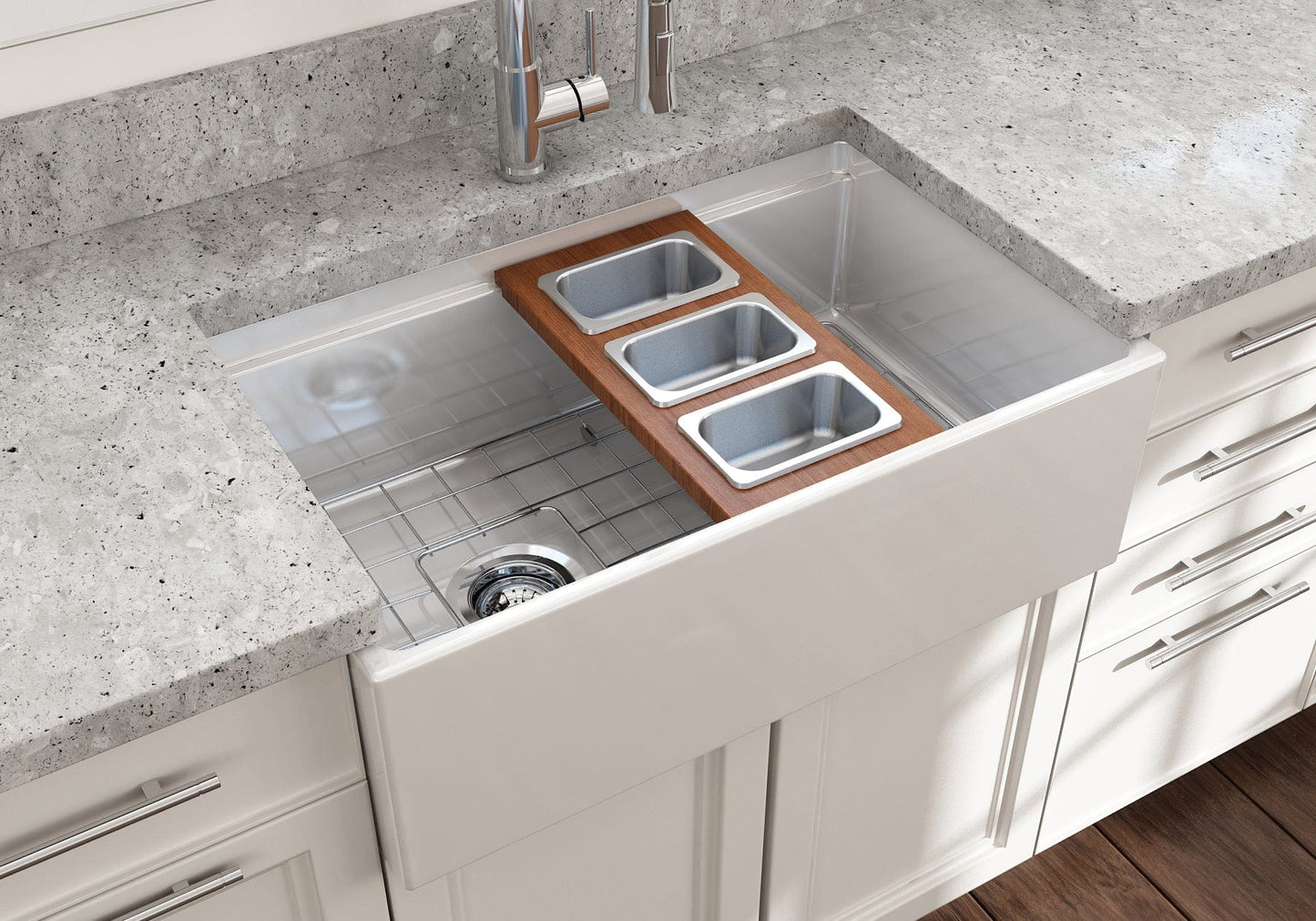 Bocchi Wood Board for Workstation Sinks - with 3 Rectangular Stainless Steel Bowls - 2320 0013 in a modern kitchen sink setup.