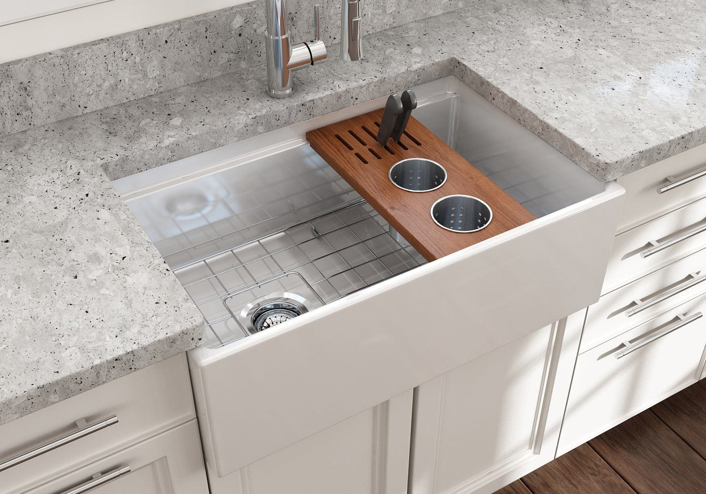 BOCCHI Workstation Prep Board Set - 2 Round Stainless Steel Colanders & Knife Holder 2320 0009 on a gray countertop sink.