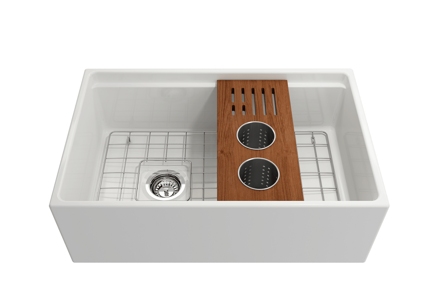 BOCCHI Workstation Prep Board Set - 2 Round Stainless Steel Colanders & Knife Holder 2320 0009 in white with wood accents.