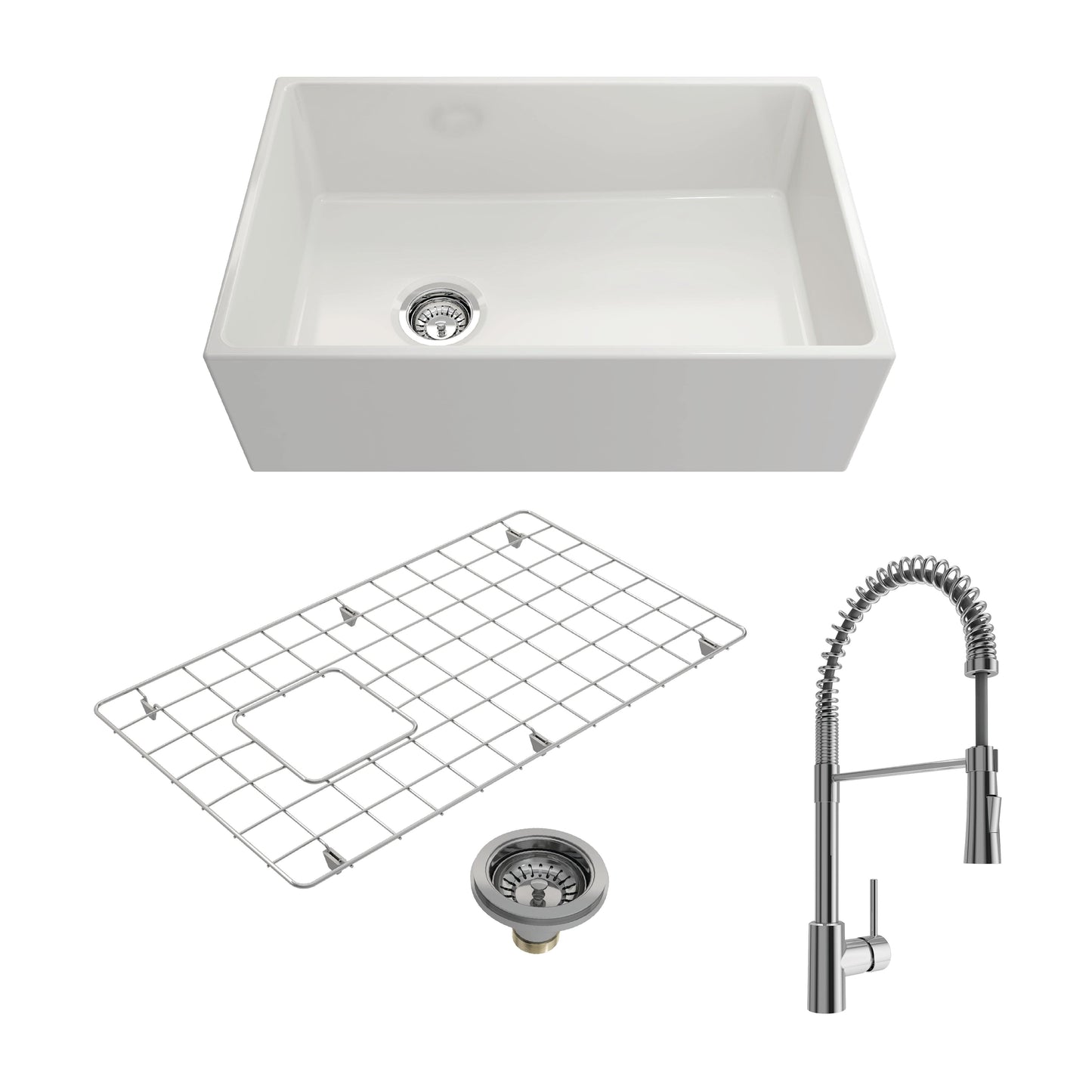 BOCCHI CONTEMPO 30" Fireclay Kitchen Sink with Protective Bottom Grid and Strainer with Livenza 2.0 Faucet