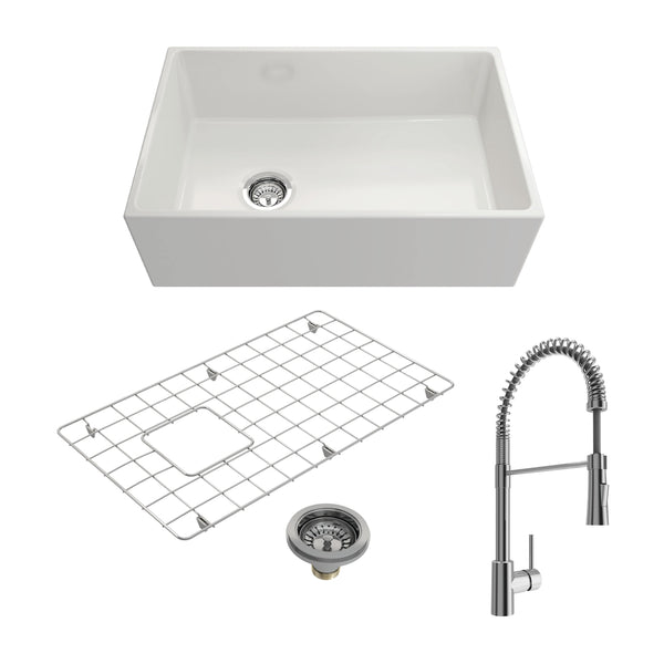 BOCCHI CONTEMPO 30 Fireclay Kitchen Sink with Protective Bottom Grid and Strainer with Livenza 2.0 Faucet
