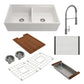 BOCCHI CONTEMPO 36" Double Bowl Fireclay Farmhouse Workstation Sink with Livenza Faucet in White with accessories.