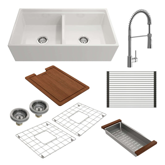 BOCCHI CONTEMPO 36" Double Bowl Fireclay Farmhouse Workstation Sink with Livenza Faucet in White with accessories.