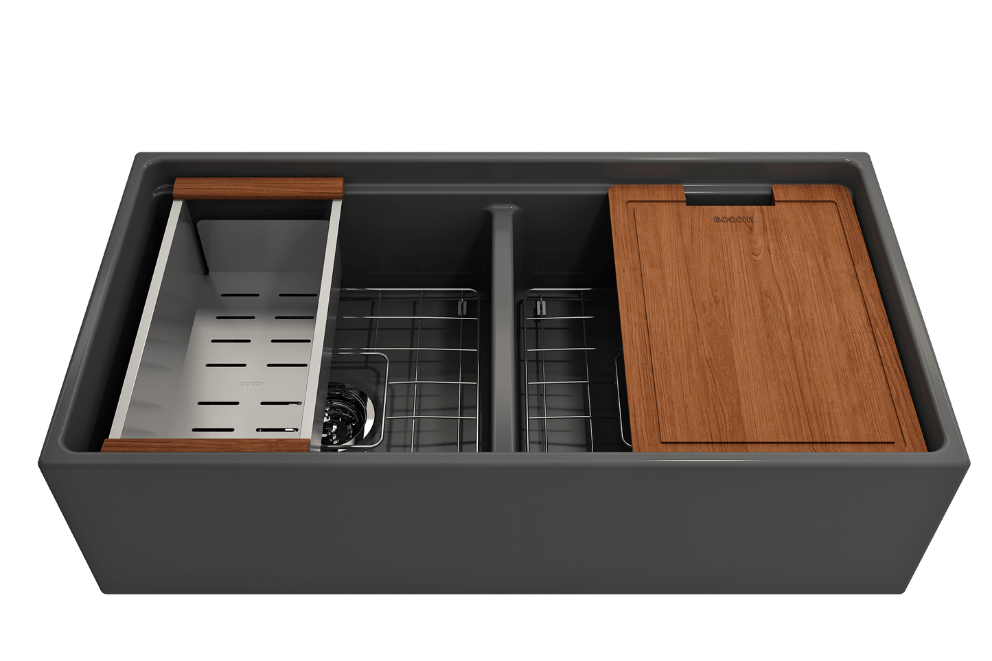Top view of BOCCHI CONTEMPO 36" Step Rim Fireclay Farmhouse Double Bowl Kitchen Sink with Protective Bottom Grid and Strainer in gray.