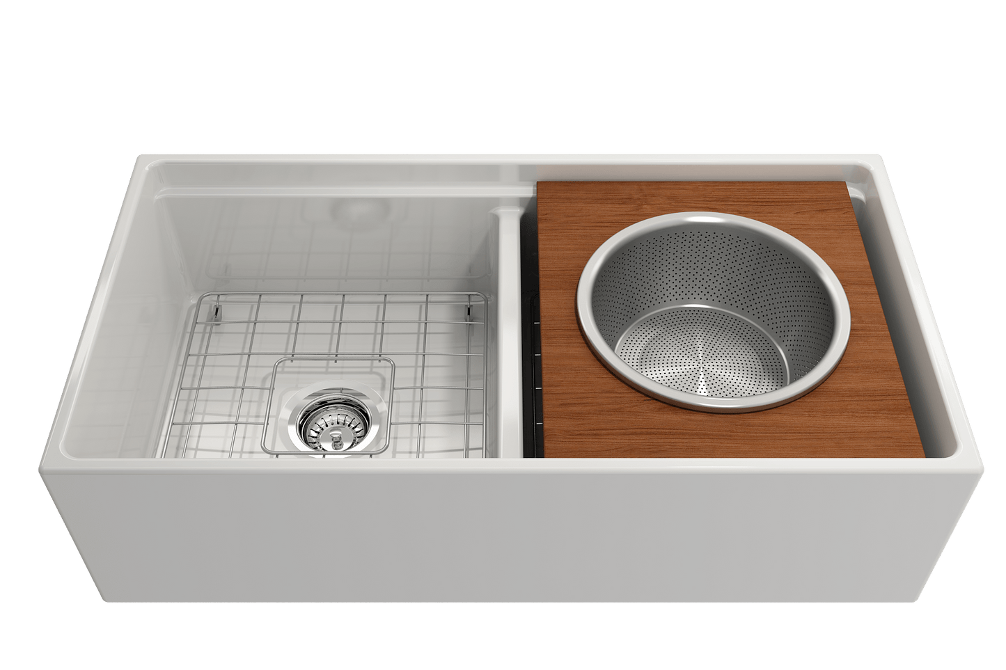 BOCCHI Prep Board Set for Workstation Sinks - Round SS Mixing Bowl & Colander - 2320 0015 displayed in a kitchen sink.