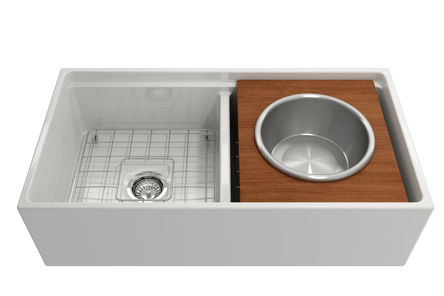 BOCCHI Prep Board Set for Workstation Sinks - Round SS Mixing Bowl & Colander - 2320 0015 in a modern kitchen sink.