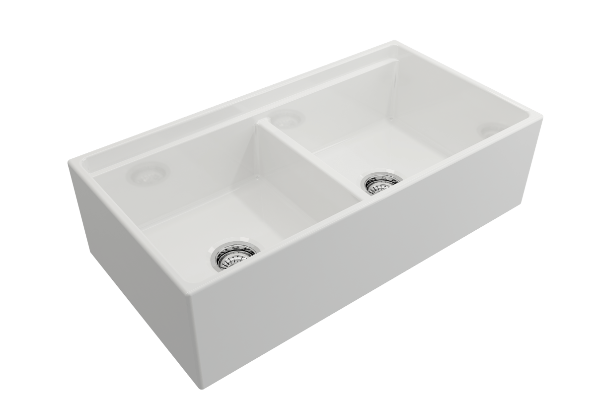 BOCCHI CONTEMPO 36" Step Rim Fireclay Farmhouse Double Bowl Kitchen Sink with Protective Bottom Grid and Strainer - white finish, top angled view.