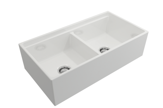 BOCCHI CONTEMPO 36" Step Rim Fireclay Farmhouse Double Bowl Kitchen Sink with Protective Bottom Grid and Strainer - white finish, top angled view.