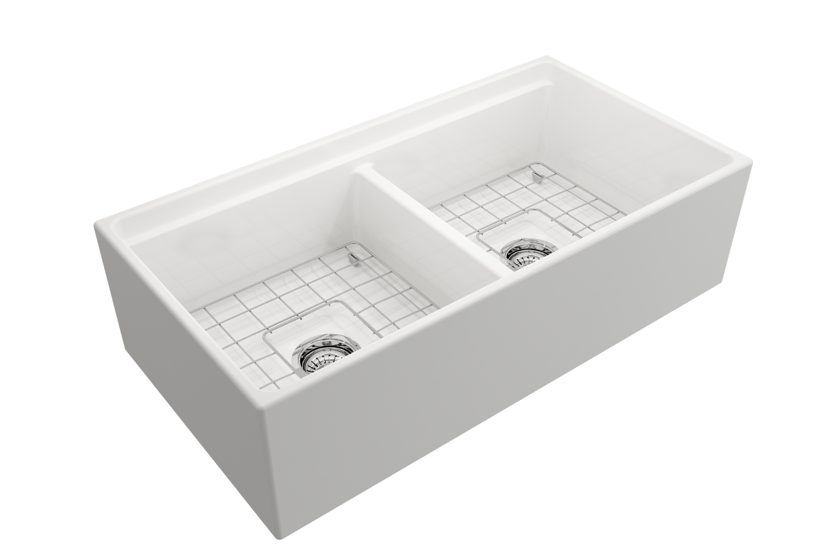 BOCCHI CONTEMPO 36" Step Rim Fireclay Farmhouse Double Bowl Kitchen Sink with Protective Bottom Grid and Strainer, white color top view.