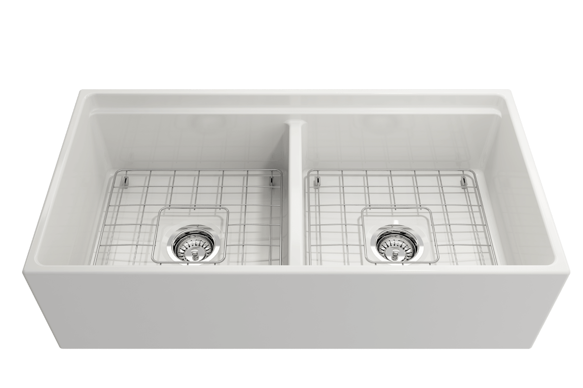 BOCCHI CONTEMPO 36" Step Rim Fireclay Farmhouse Double Bowl Kitchen Sink with Protective Bottom Grid and Strainer - Top view