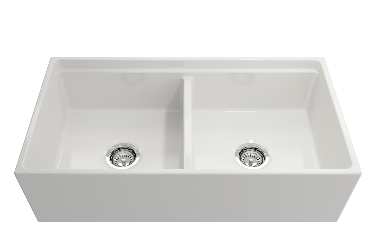 BOCCHI CONTEMPO 36" Step Rim Fireclay Farmhouse Double Bowl Kitchen Sink with Protective Bottom Grid and Strainer - top view, white finish.