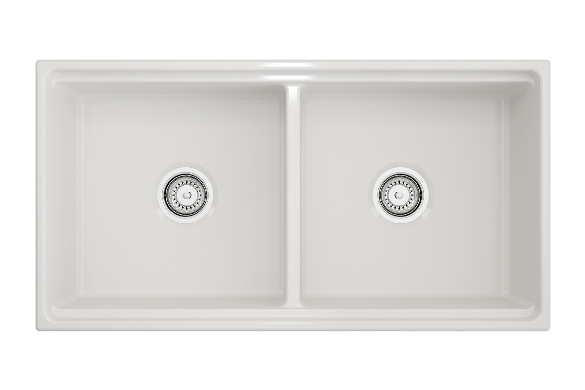 Top view of BOCCHI CONTEMPO 36" Step Rim Fireclay Farmhouse Double Bowl Kitchen Sink with Protective Bottom Grid and Strainer.