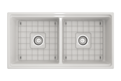 Top view of BOCCHI CONTEMPO 36" Step Rim Fireclay Double Bowl Kitchen Sink showing included bottom grids