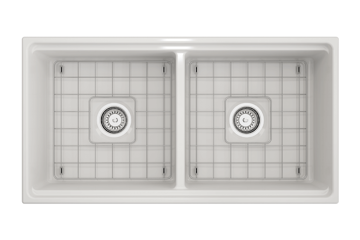 Top view of BOCCHI CONTEMPO 36" Step Rim Fireclay Farmhouse Double Bowl Kitchen Sink with Protective Bottom Grid and Strainer.