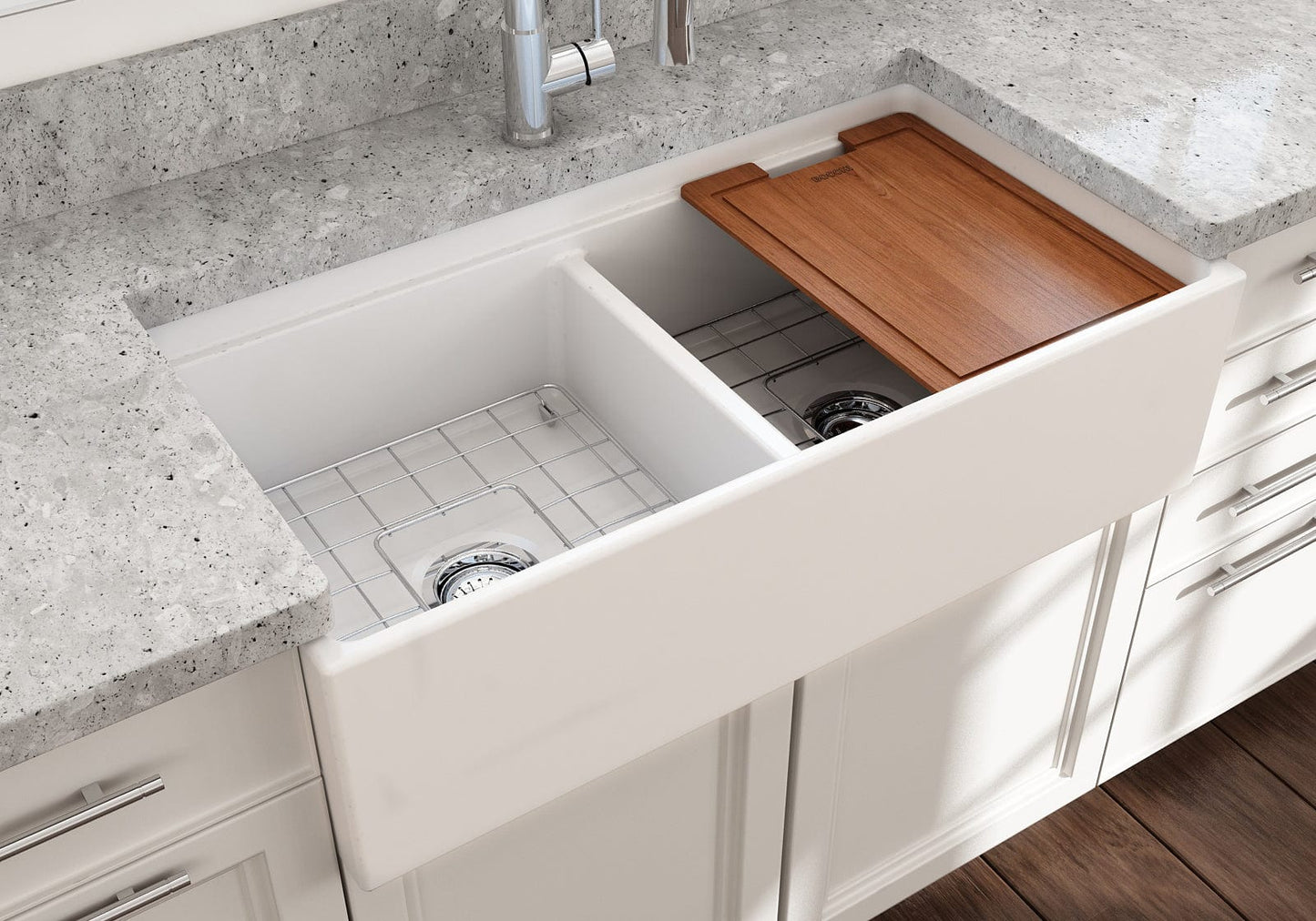 Left side view of BOCCHI CONTEMPO 36" Step Rim Fireclay Farmhouse Double Bowl Kitchen Sink with Protective Bottom Grid and Strainer.