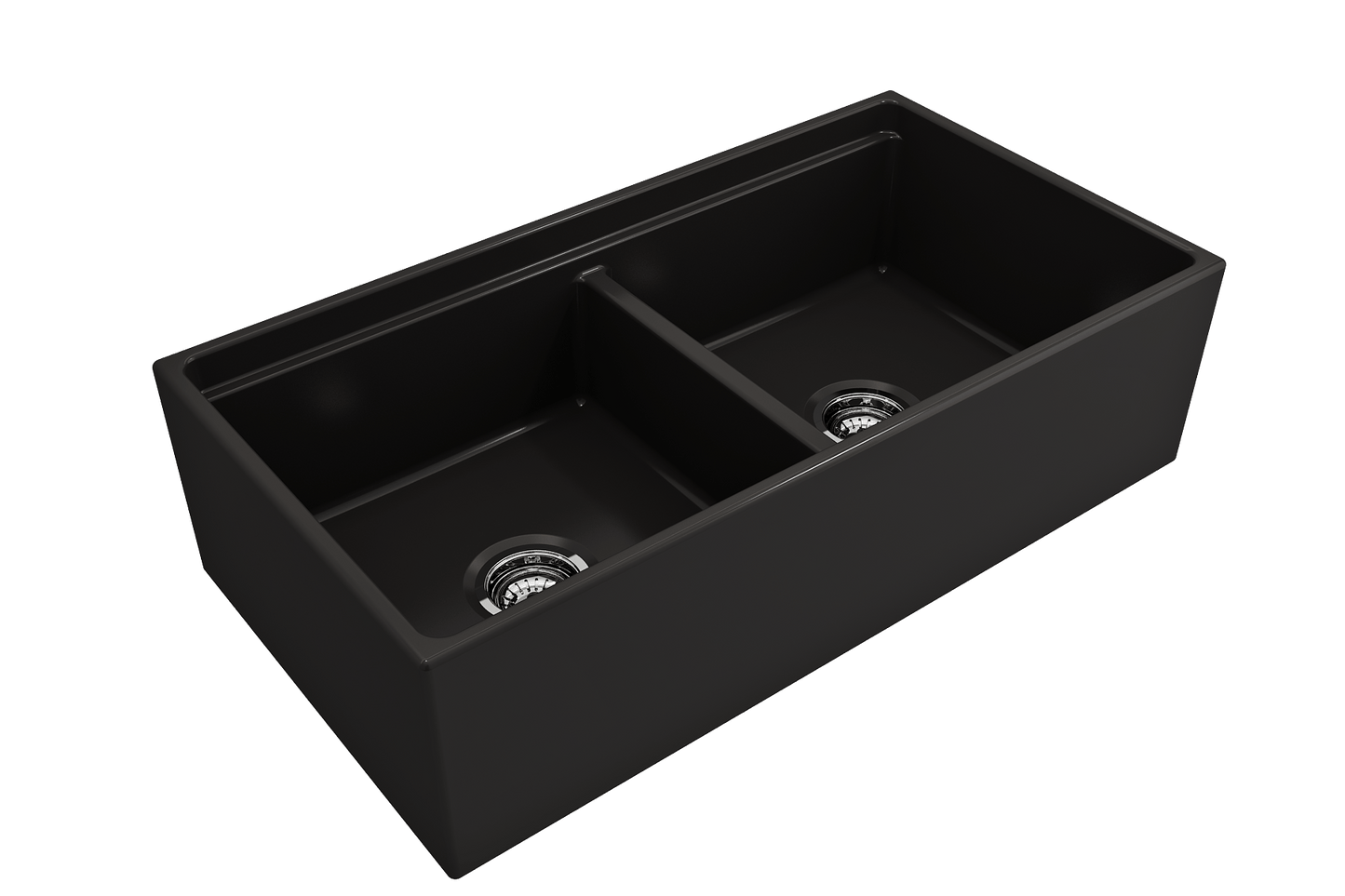 BOCCHI CONTEMPO 36" Step Rim Fireclay Farmhouse Double Bowl Kitchen Sink with Protective Bottom Grid and Strainer, black finish, angled view