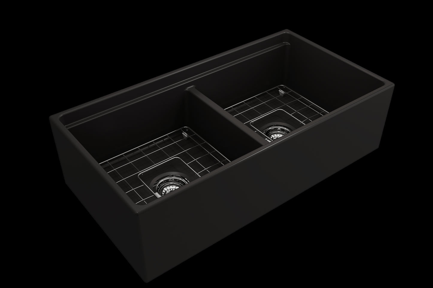 BOCCHI CONTEMPO 36" Step Rim Fireclay Farmhouse Double Bowl Kitchen Sink with Protective Bottom Grid and Strainer - Matte Black