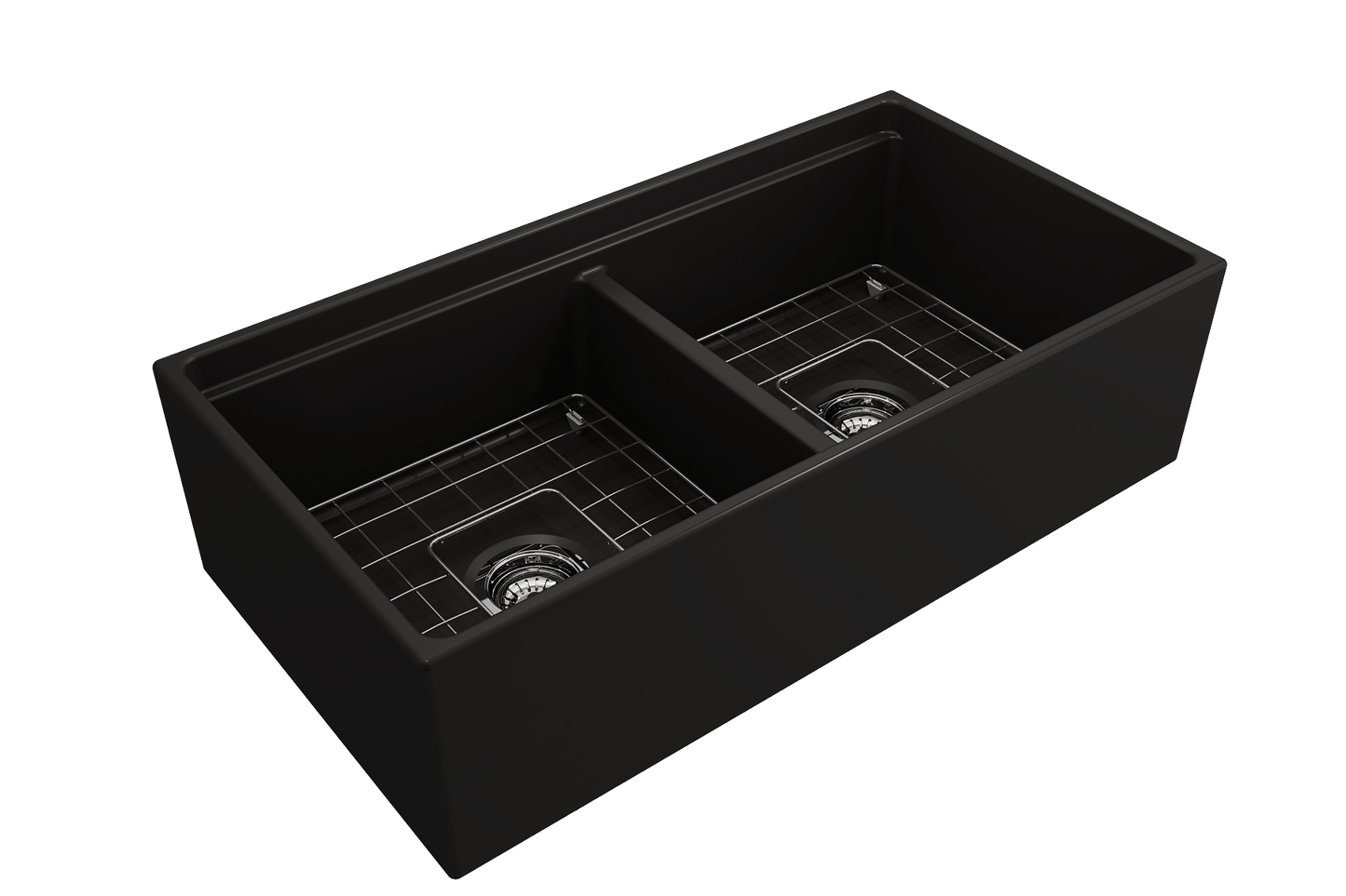 BOCCHI CONTEMPO 36" Step Rim Fireclay Farmhouse Double Bowl Kitchen Sink with Protective Bottom Grid and Strainer, black finish, top view.