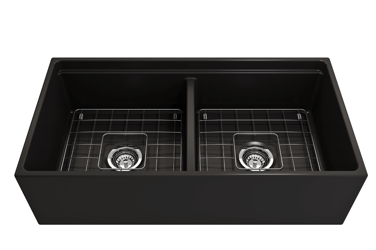 BOCCHI CONTEMPO 36" Step Rim Fireclay Farmhouse Double Bowl Kitchen Sink with Protective Bottom Grid and Strainer, black finish, top view.