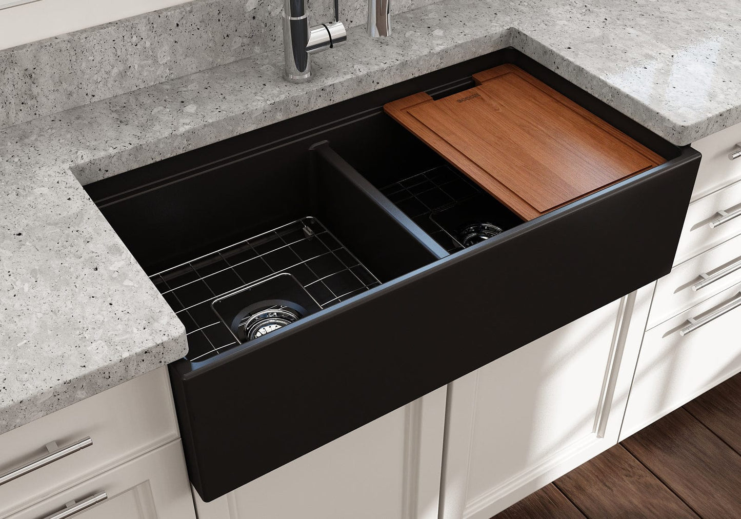 BOCCHI CONTEMPO 36" Step Rim Fireclay Farmhouse Double Bowl Kitchen Sink with Protective Bottom Grid and Strainer, black finish, top view.