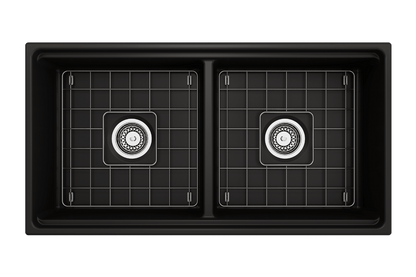 BOCCHI CONTEMPO 36" Step Rim Fireclay Farmhouse Double Bowl Kitchen Sink with Protective Bottom Grid and Strainer