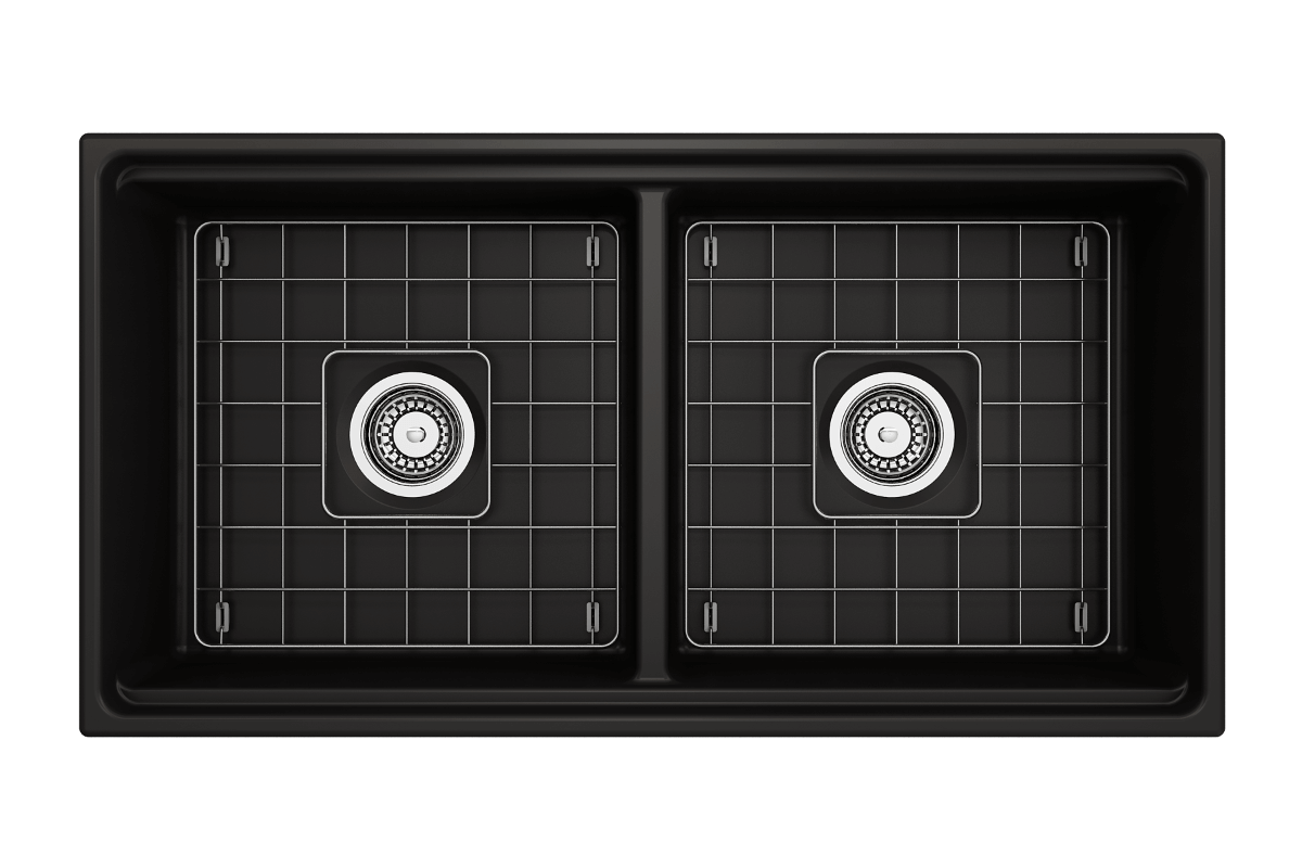 Top view of BOCCHI CONTEMPO 36" Step Rim Fireclay Farmhouse Double Bowl Kitchen Sink with Protective Bottom Grid and Strainer in Matte Black.